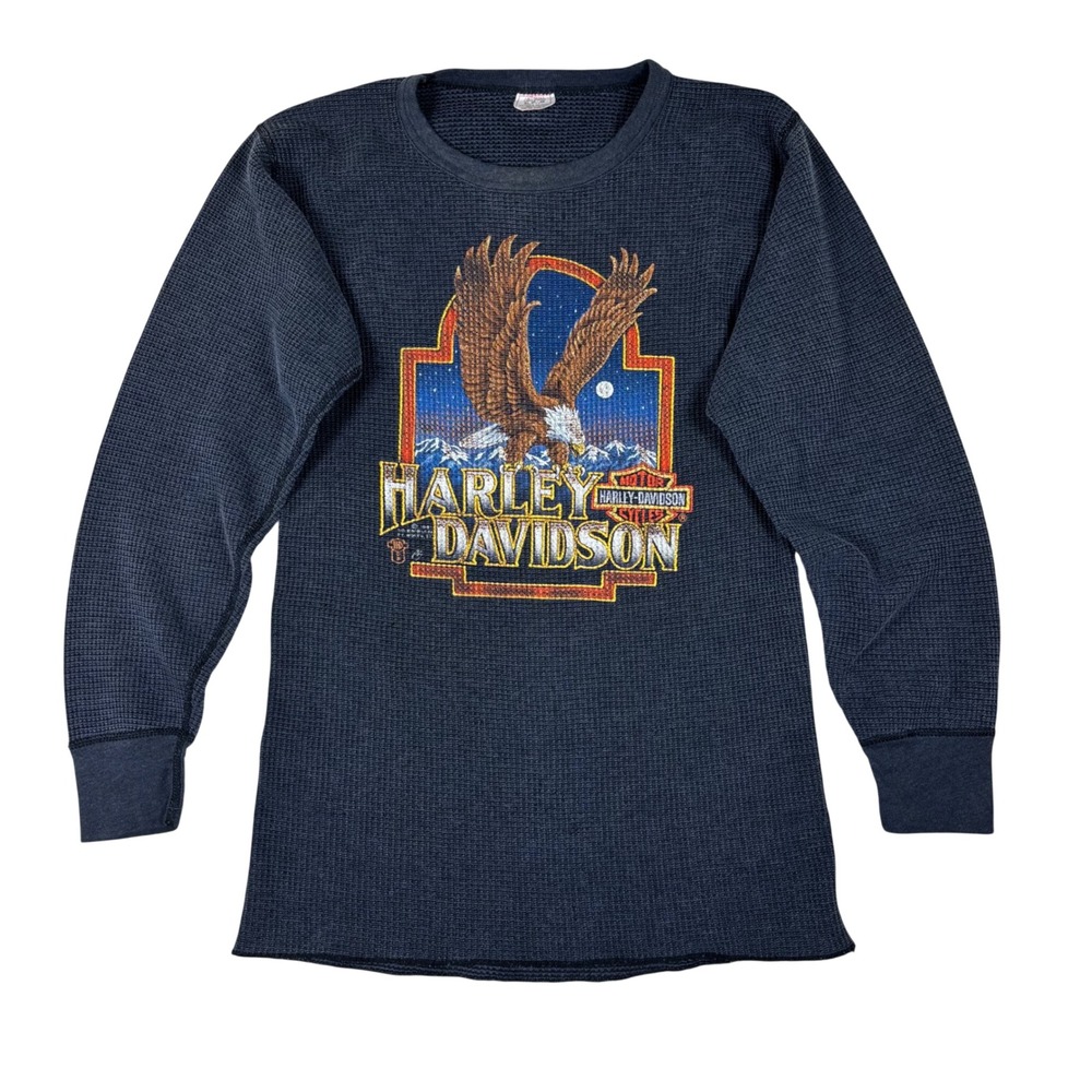 Vintage 80s Harley Davidson 3D Emblem Eagle Thermal Shirt Made in USA XL